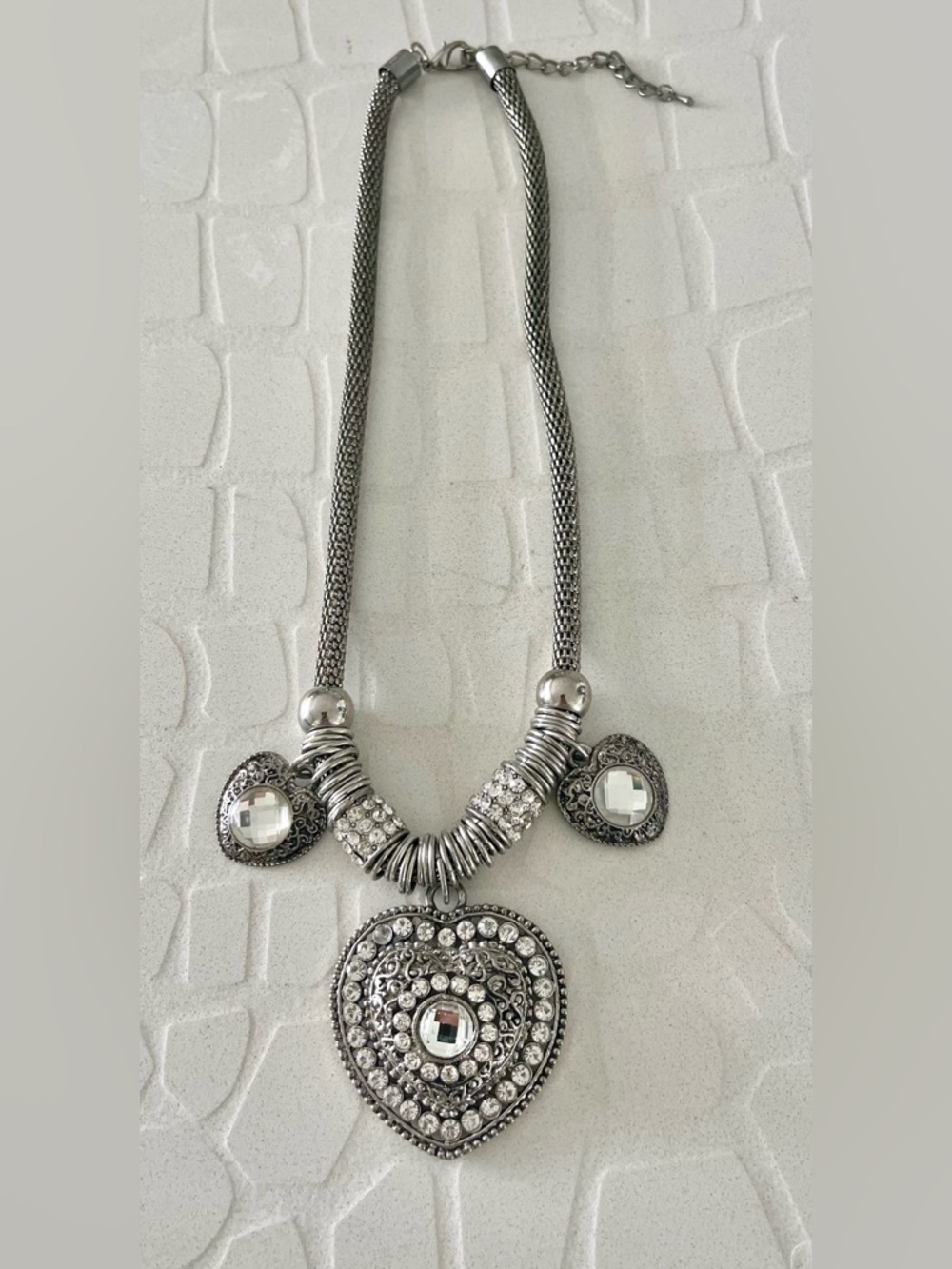 Silver Heart Pendant Necklace with Crystal Accents - Women Jewelry